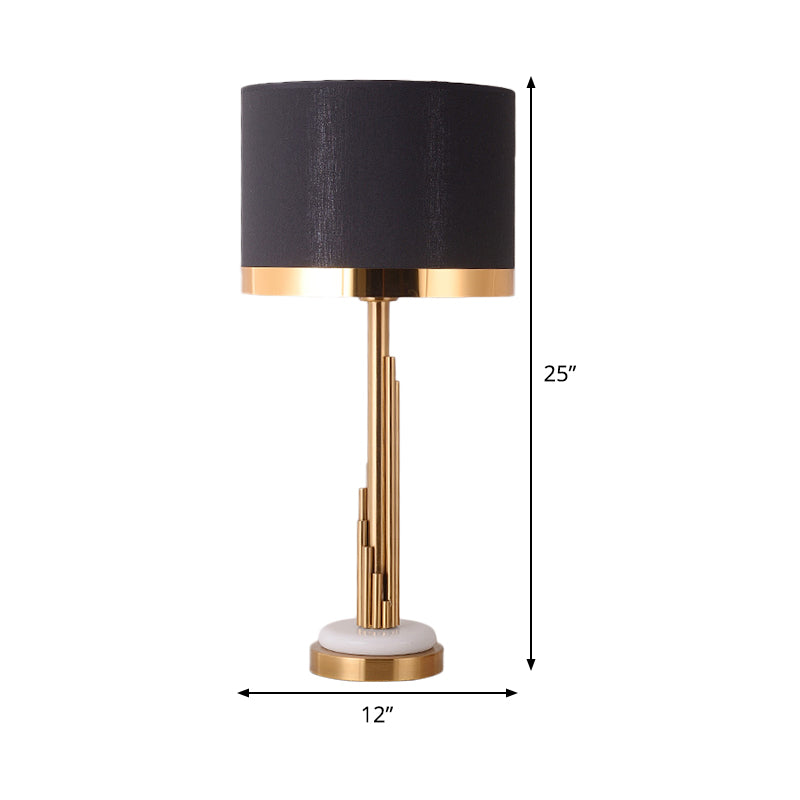 Contemporary Gold Cylindrical Night Table Lamp With Black Fabric Shade - 1 Bulb Task Lighting