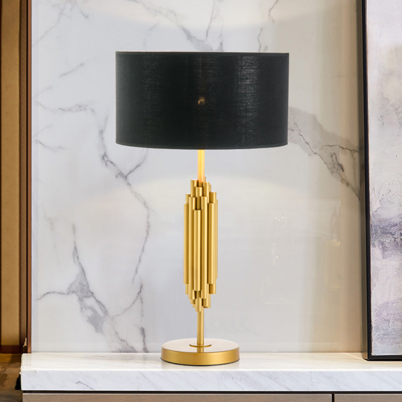 Modern Black & Gold Nightstand Lamp: Shaded Desk Light With Circular Metal Base