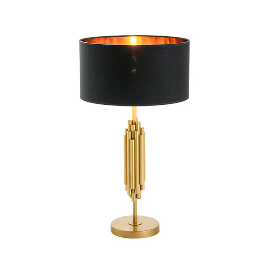 Modern Black & Gold Nightstand Lamp: Shaded Desk Light With Circular Metal Base