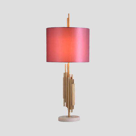 Modern Straight Sided Pink Nightstand Lamp With Fabric Shade & Reading Light