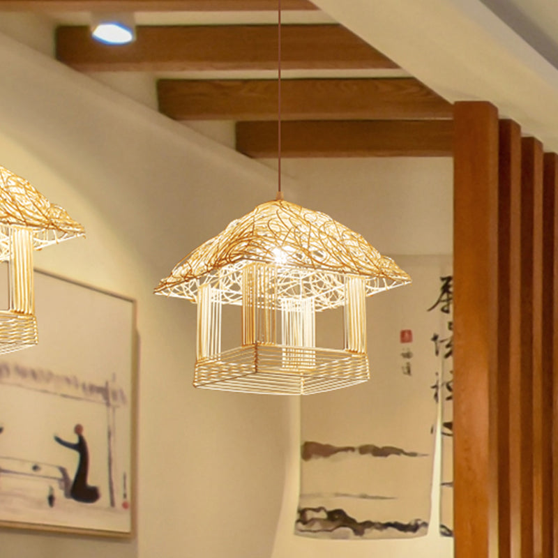 1-Bulb Asian Pendant Light With Bamboo Shade - Beige House Suspended Fixture