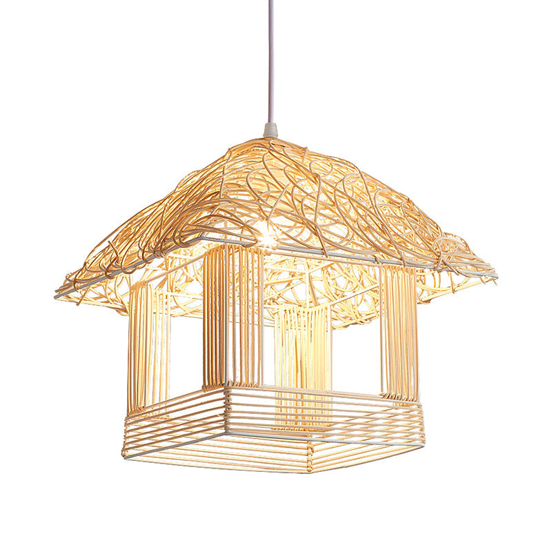 1-Bulb Asian Pendant Light With Bamboo Shade - Beige House Suspended Fixture