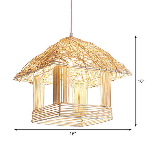 1-Bulb Asian Pendant Light With Bamboo Shade - Beige House Suspended Fixture