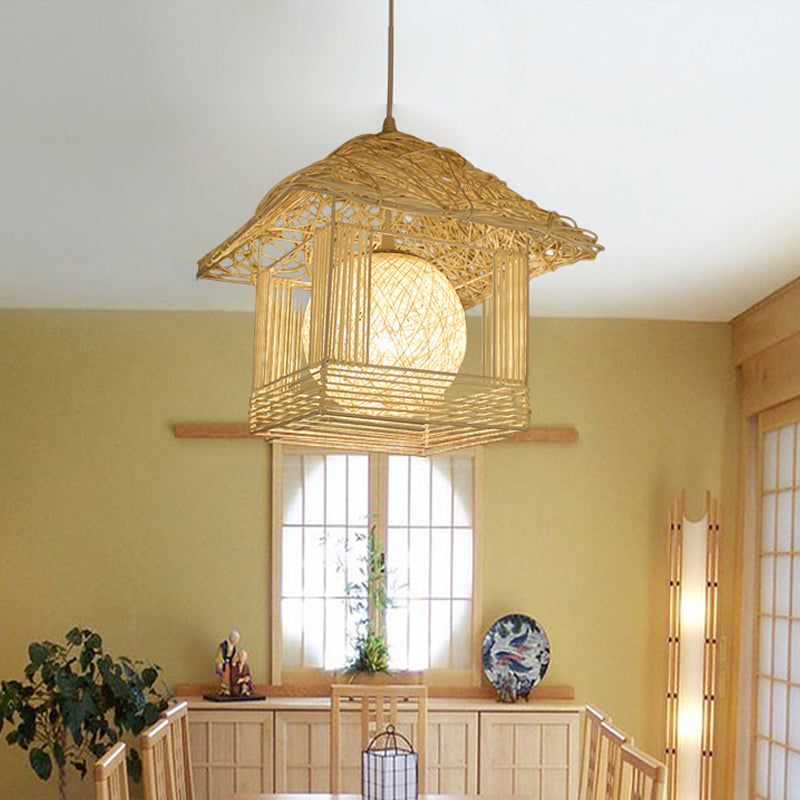 Handcrafted Bamboo Ceiling Lamp - 12/16 Wide Beige/Coffee Pendant Lighting Fixture