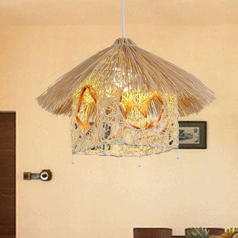 Asia Beige Hanging Lamp With House Bamboo Shade - Living Room Pendant Light