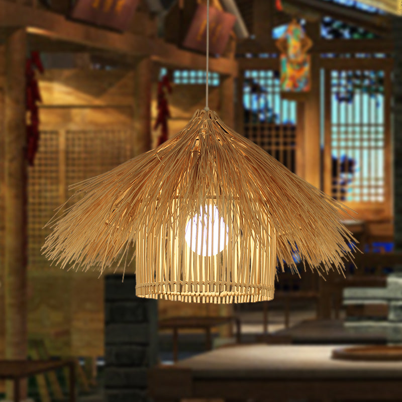 Handcrafted Asian Bamboo Pendant Light Fixture In Coffee/Flaxen Shade