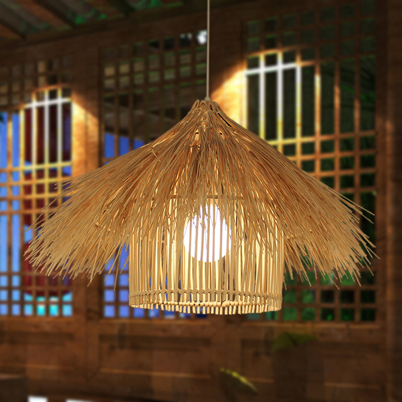 Handcrafted Asian Bamboo Pendant Light Fixture In Coffee/Flaxen Shade