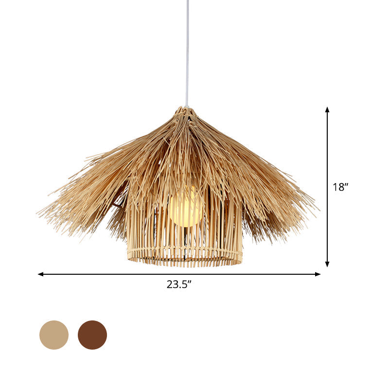 Handcrafted Asian Bamboo Pendant Light Fixture In Coffee/Flaxen Shade