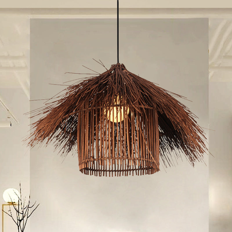 Handcrafted Asian Bamboo Pendant Light Fixture In Coffee/Flaxen Shade