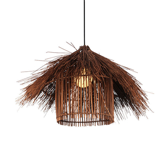 Handcrafted Asian Bamboo Pendant Light Fixture In Coffee/Flaxen Shade