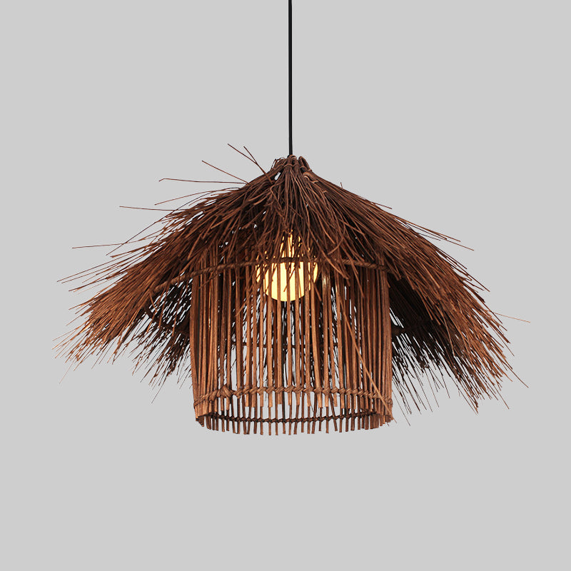 Handcrafted Asian Bamboo Pendant Light Fixture In Coffee/Flaxen Shade