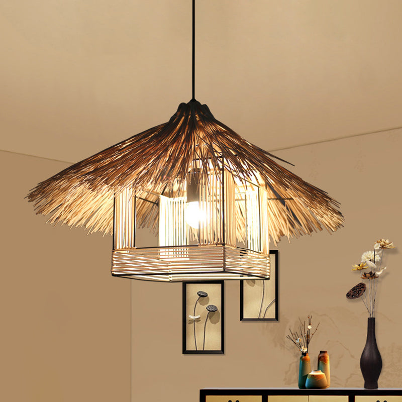 Chinese Bamboo Hanging Ceiling Lamp For Dining Room - Beige 1-Head Light Fixture