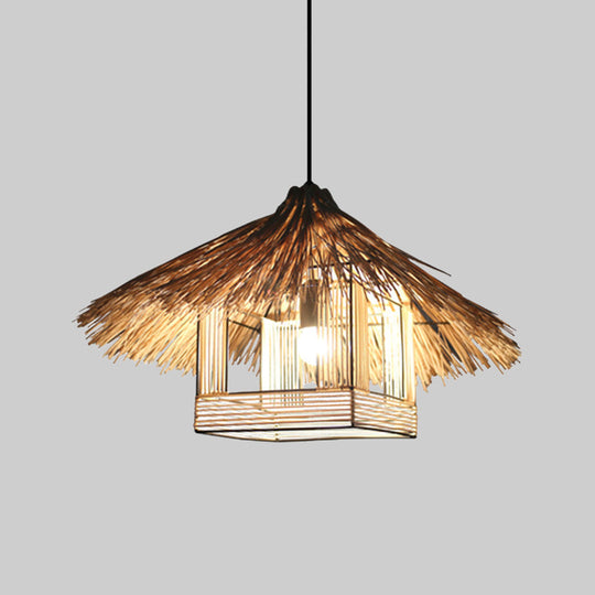 Chinese Bamboo Hanging Ceiling Lamp For Dining Room - Beige 1-Head Light Fixture