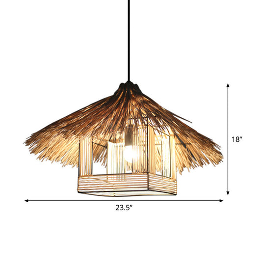 Chinese Bamboo Hanging Ceiling Lamp For Dining Room - Beige 1-Head Light Fixture