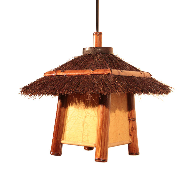 Japanese Handcrafted Pendant Wood Lamp - Brown Ceiling Suspension Light With 1 Bulb