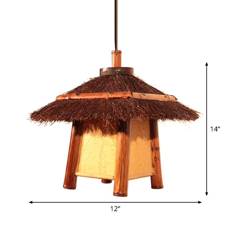 Japanese Handcrafted Pendant Wood Lamp - Brown Ceiling Suspension Light With 1 Bulb