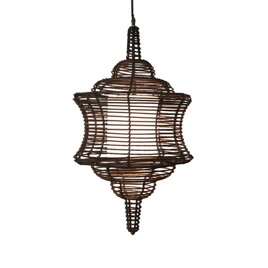 Curvy Asia Rattan Ceiling Lamp - Coffee Hanging Pendant Light With White Inner Shade