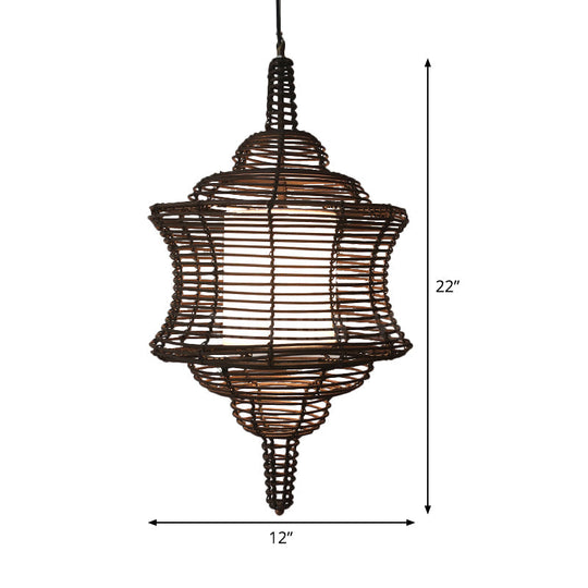 Curvy Asia Rattan Ceiling Lamp - Coffee Hanging Pendant Light With White Inner Shade