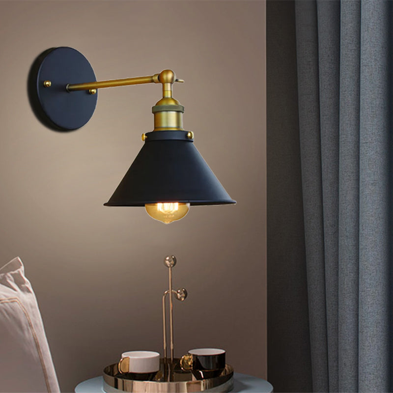 Industrial Style Brass Metal Wall Sconce 1 Light Conical Mounted Lamp For Living Room 7/10 Width