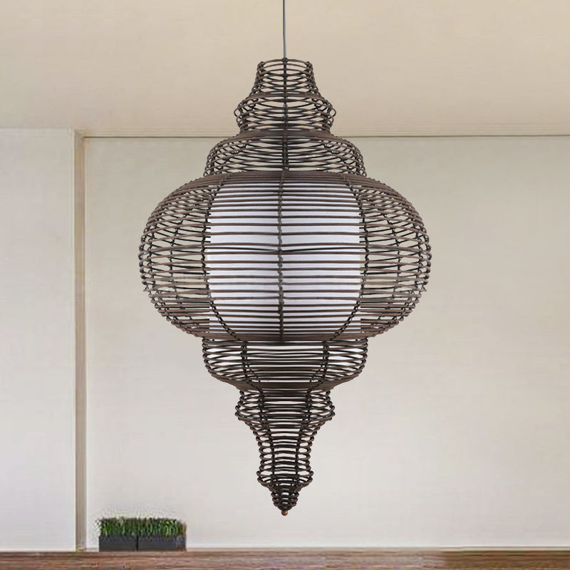 1-Bulb Chinese Ceiling Lamp With Coffee Gourd Design And Rattan Shade