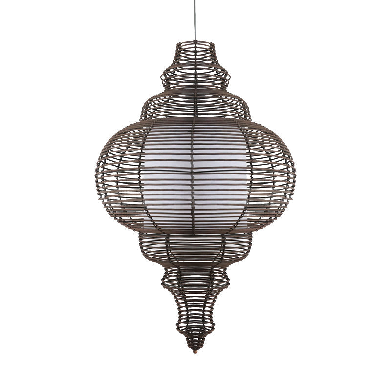 1-Bulb Chinese Ceiling Lamp With Coffee Gourd Design And Rattan Shade