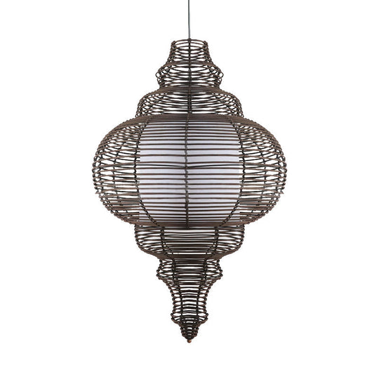 1-Bulb Chinese Ceiling Lamp With Coffee Gourd Design And Rattan Shade