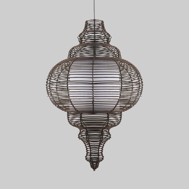 1-Bulb Chinese Ceiling Lamp With Coffee Gourd Design And Rattan Shade