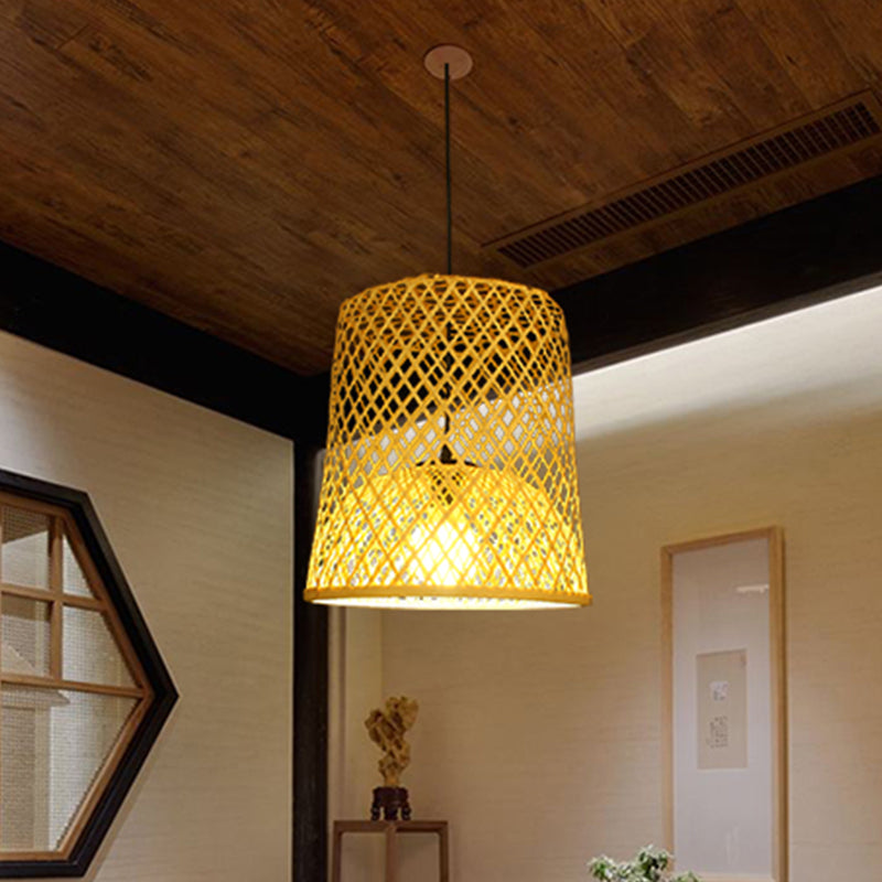 Asian Bamboo Ceiling Lamp 1 Head Beige Pendant Light Fixture For Restaurants