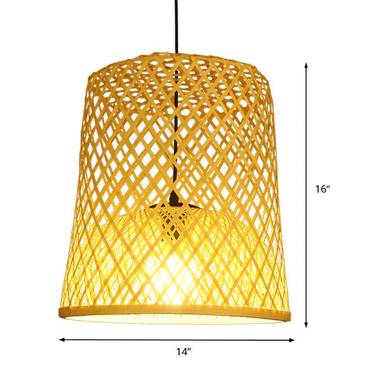 Asian Bamboo Ceiling Lamp 1 Head Beige Pendant Light Fixture For Restaurants