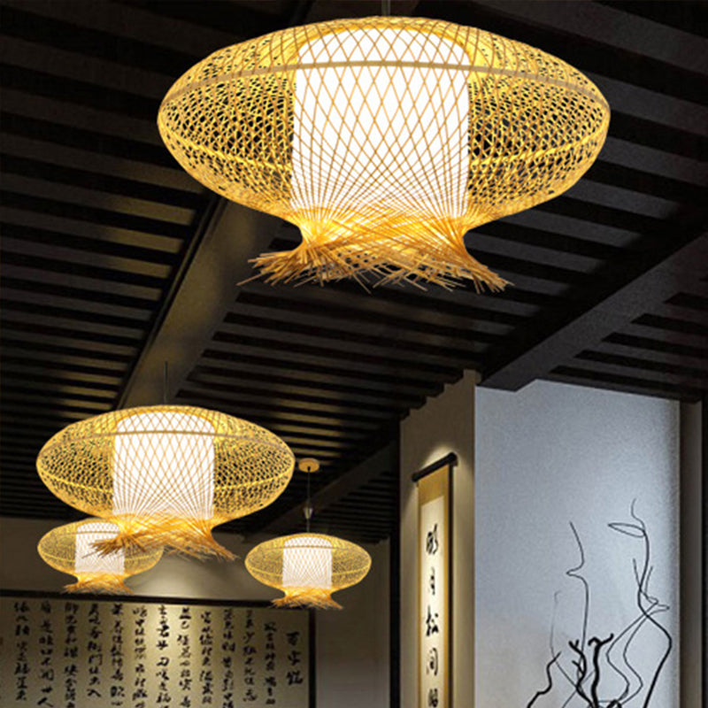 Asia Bamboo Oval Pendant Lamp - Khaki Ceiling Hanging Light With White Inner Cylinder Shade