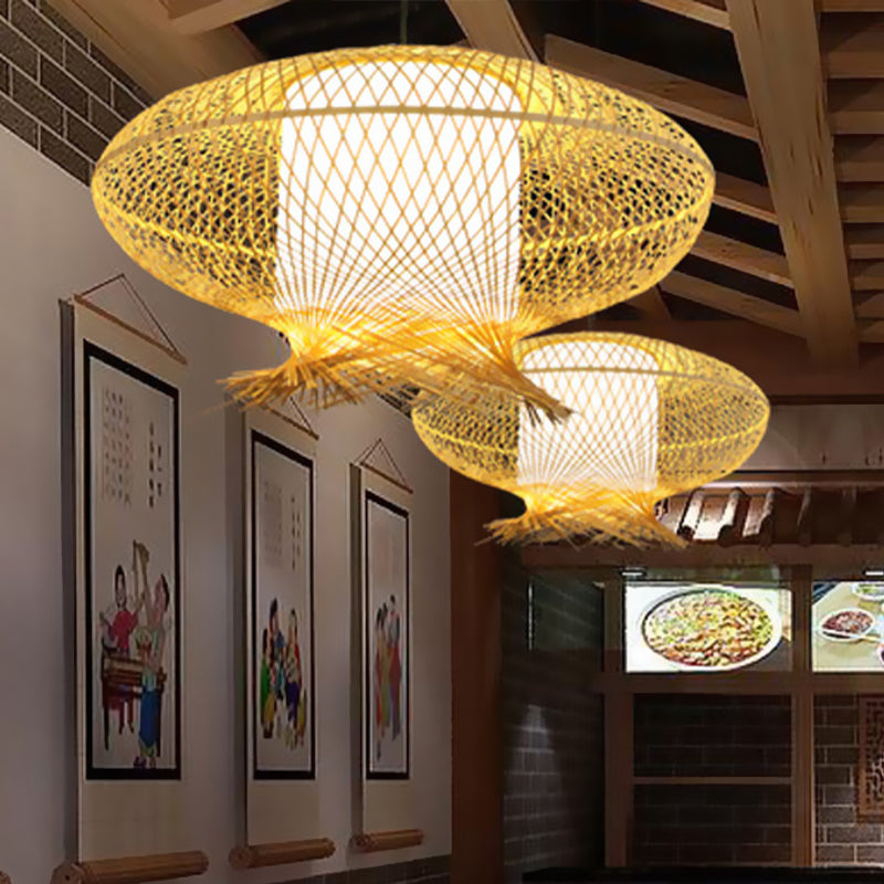 Asia Bamboo Oval Pendant Lamp - Khaki Ceiling Hanging Light With White Inner Cylinder Shade