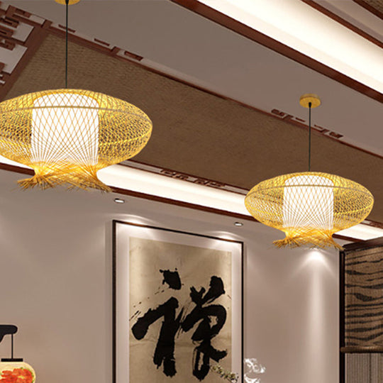 Asia Bamboo Oval Pendant Lamp - Khaki Ceiling Hanging Light With White Inner Cylinder Shade