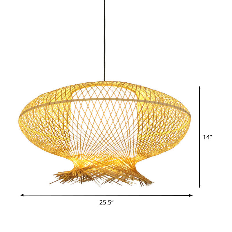 Asia Bamboo Oval Pendant Lamp - Khaki Ceiling Hanging Light With White Inner Cylinder Shade