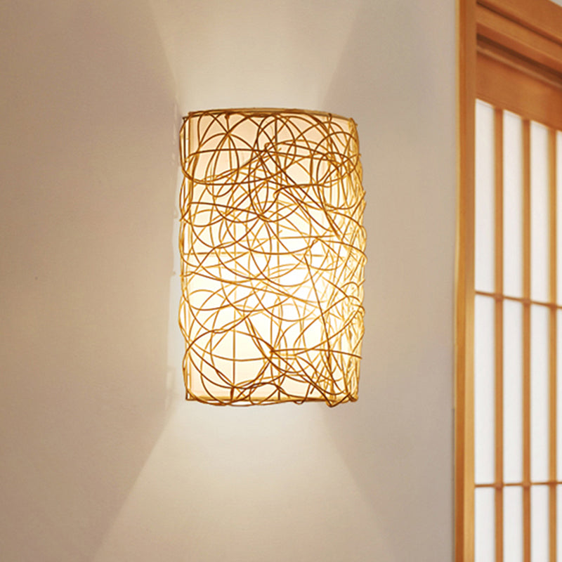 Japanese Rattan Half-Cylinder Wall Mounted Sconce Light Fixture In White