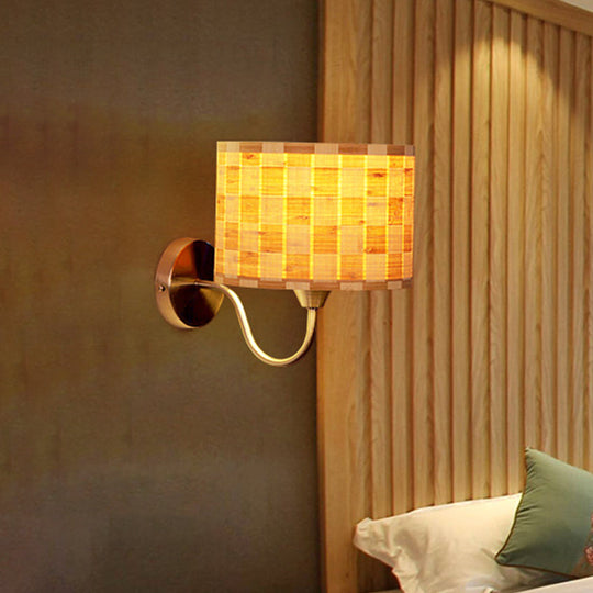 Chinese Style Wood Drum Wall Lighting: Beige Sconce Light Fixture With Metal Curved Arm