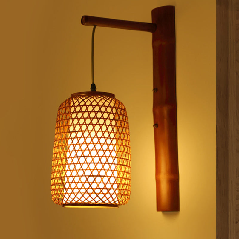 Bamboo Sconce Asia 1-Bulb Wall Mount Light Fixture - Handmade Red Brown Design With Inner White