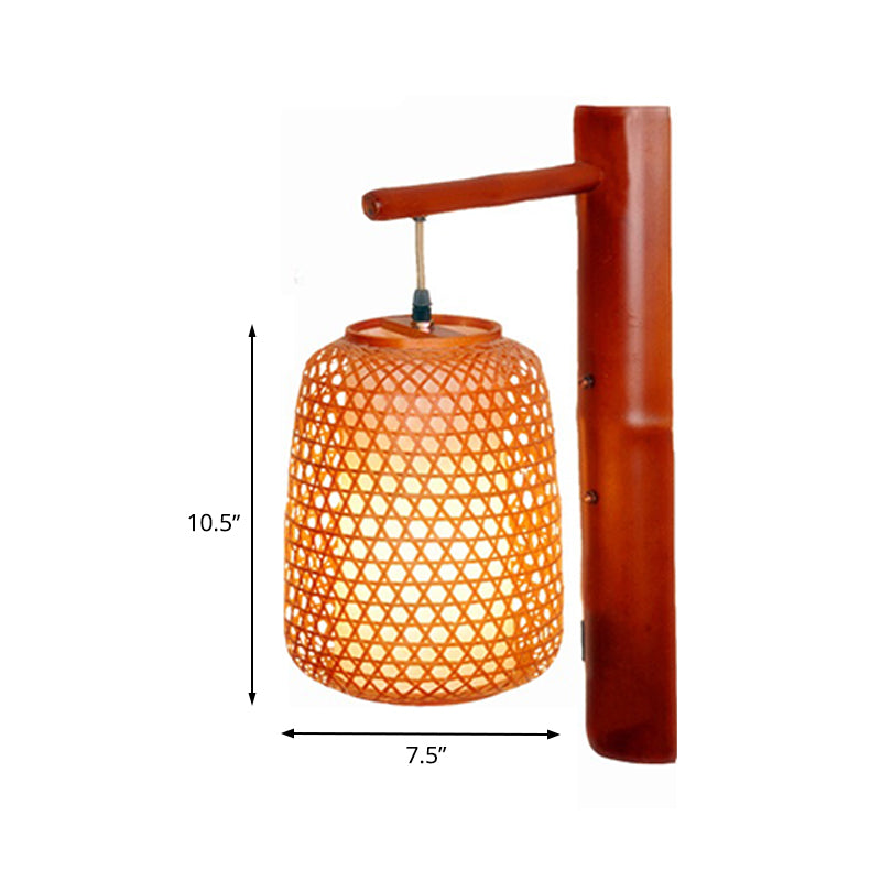 Bamboo Sconce Asia 1-Bulb Wall Mount Light Fixture - Handmade Red Brown Design With Inner White