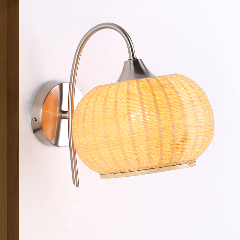 Beige Bamboo Sconce Light Fixture With Metal Curvy Arm - Asian Style Wall Lighting