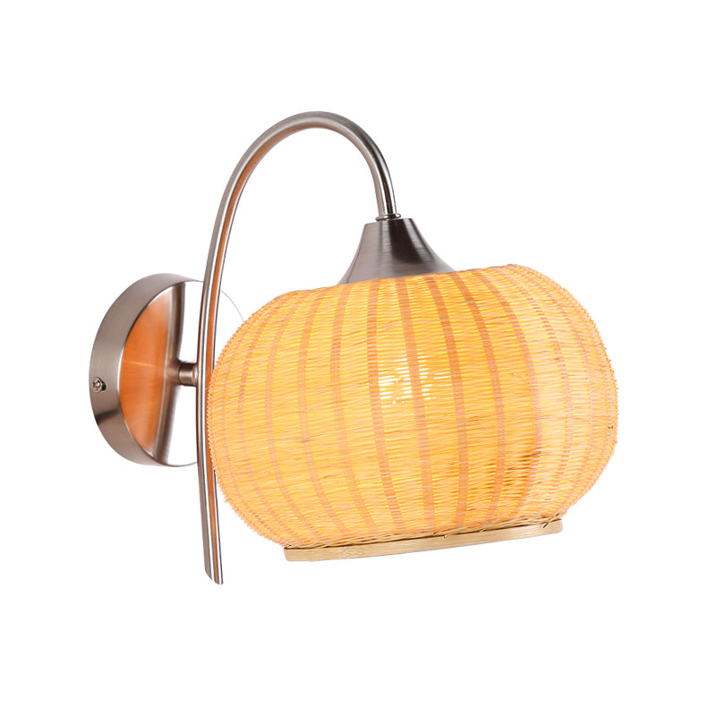 Beige Bamboo Sconce Light Fixture With Metal Curvy Arm - Asian Style Wall Lighting