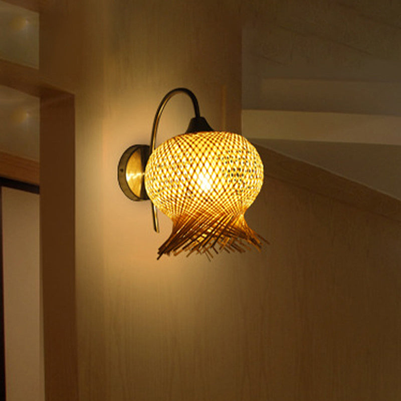 Bamboo Hand-Woven Sconce Wall Lamp With Metal Gooseneck Arm - Flaxen