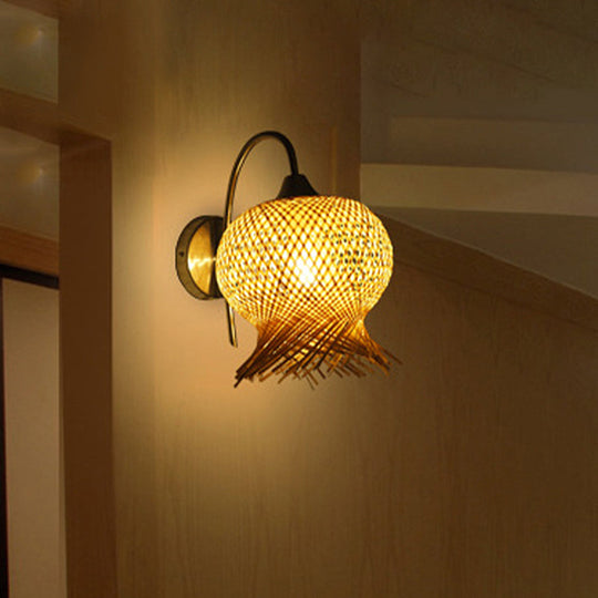 Bamboo Hand-Woven Sconce Wall Lamp With Metal Gooseneck Arm - Flaxen