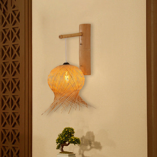 Bamboo Lantern Sconce Wall Lamp For Teahouse With Flaxen Shade