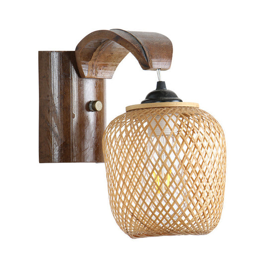 Japanese Hand Twisted Sconce Light In Brown With Bamboo Shade