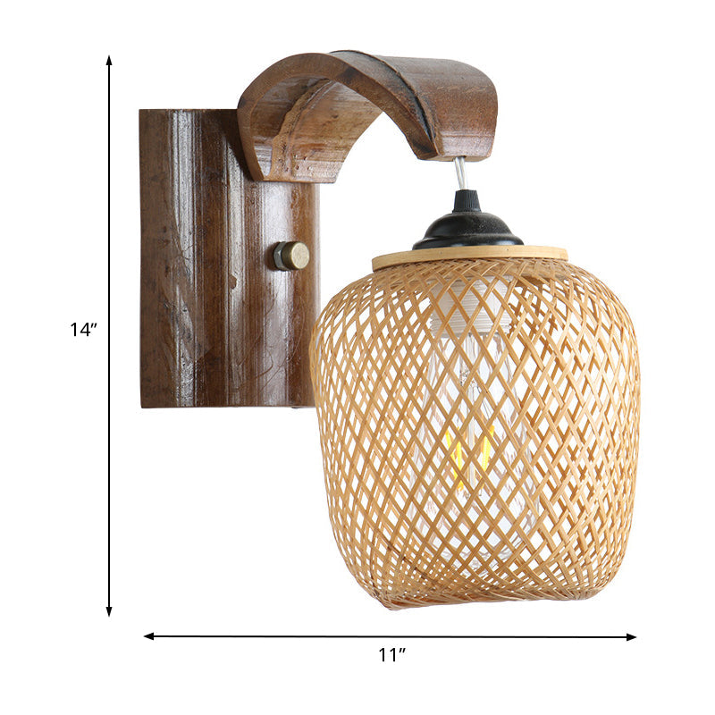 Japanese Hand Twisted Sconce Light In Brown With Bamboo Shade