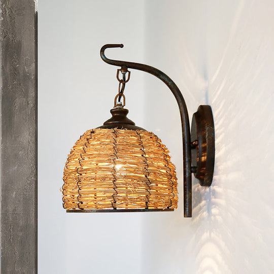 Japanese Rattan Sconce Light Fixture: Flaxen Domed Wall Lighting With Metal Curved Arm