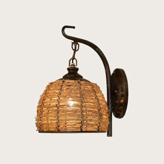 Japanese Rattan Sconce Light Fixture: Flaxen Domed Wall Lighting With Metal Curved Arm