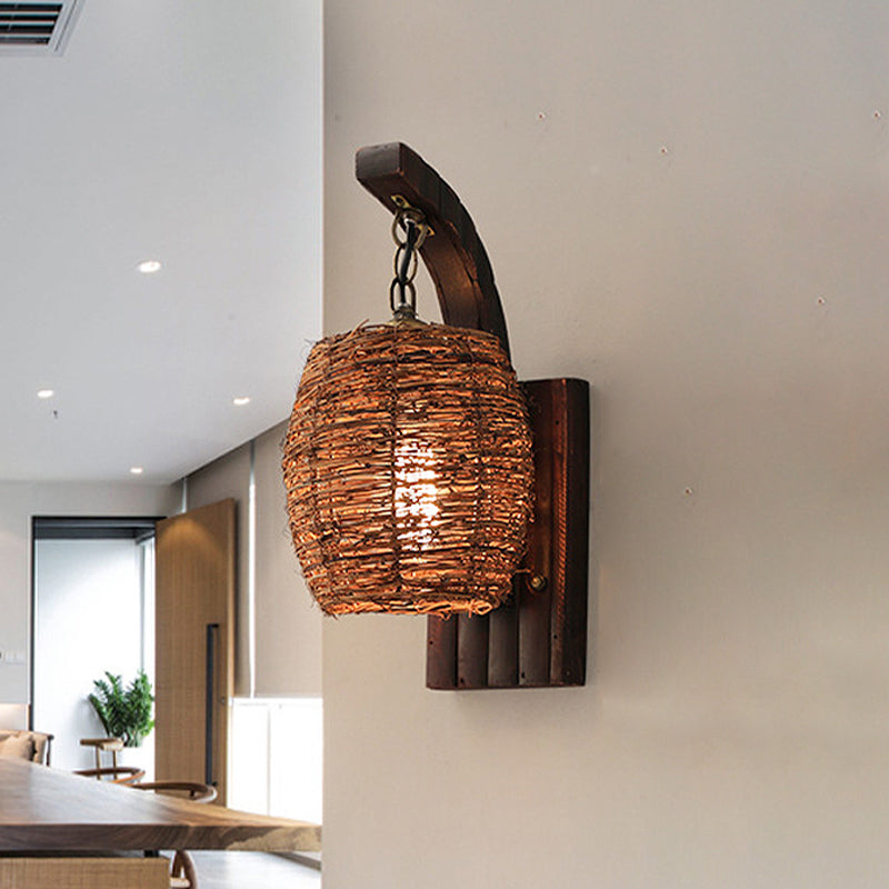 Asian Brown Lantern Bamboo Shade Wall Sconce For Dining Room