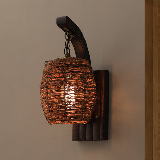 Asian Brown Lantern Bamboo Shade Wall Sconce For Dining Room