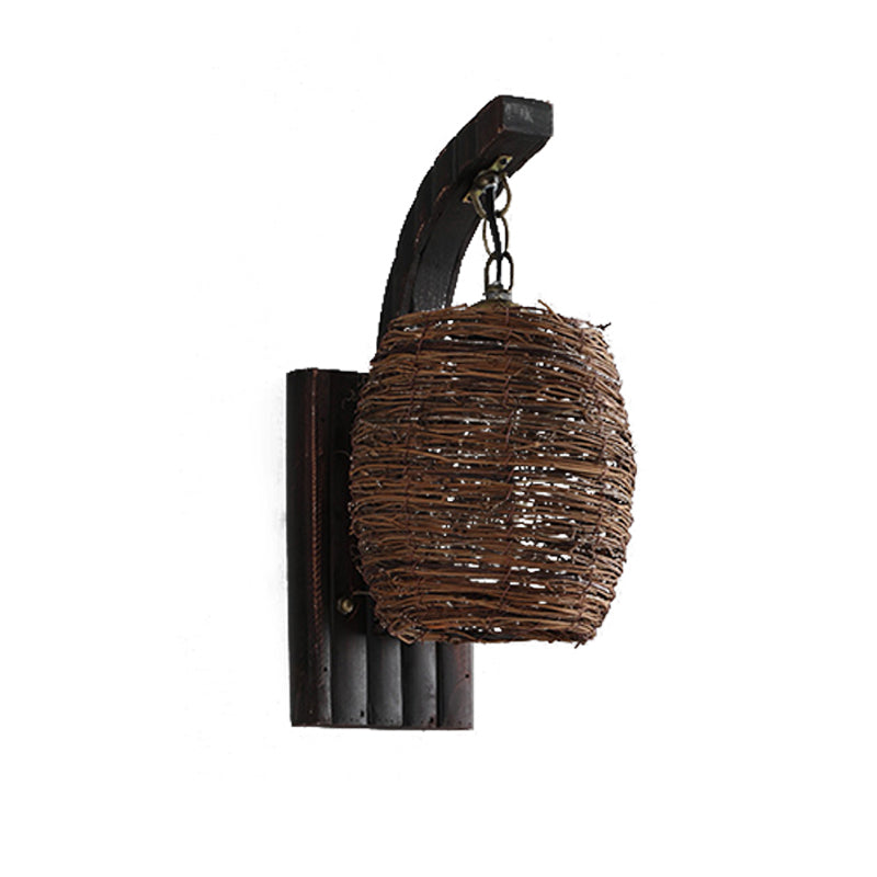 Asian Brown Lantern Bamboo Shade Wall Sconce For Dining Room