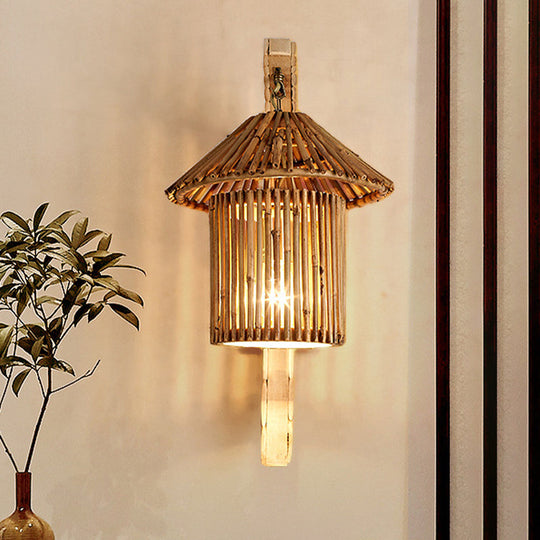 Modern Asian Wood Sconce Light Fixture With Tower Bamboo Shade For Restaurants